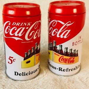 Coca-Cola Metal Salt & Pepper Shakers - Never Used! - Includes Caddy - Coca Cola